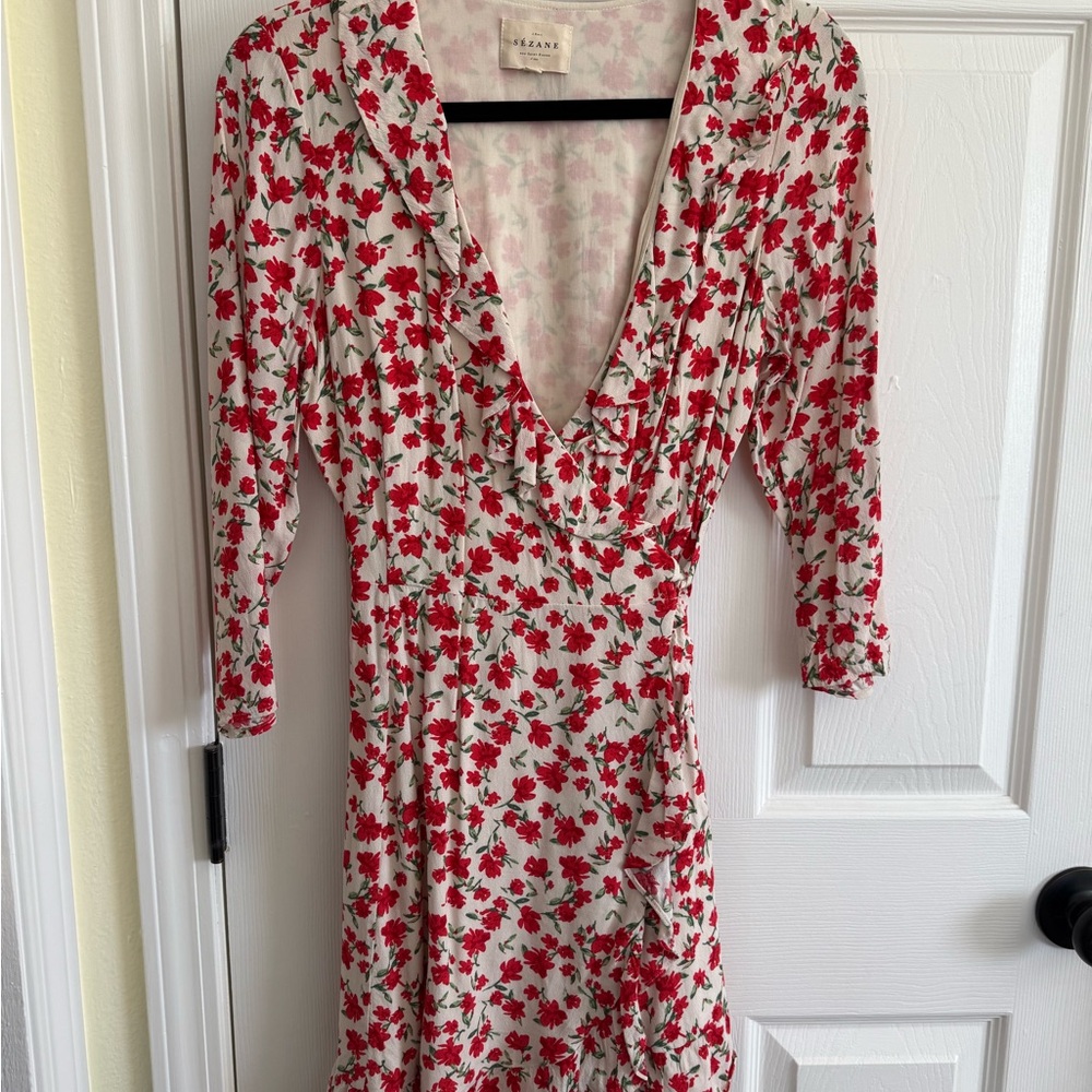 Sézane Floral V-Neck Red Wrap Mini Dress SZ 34